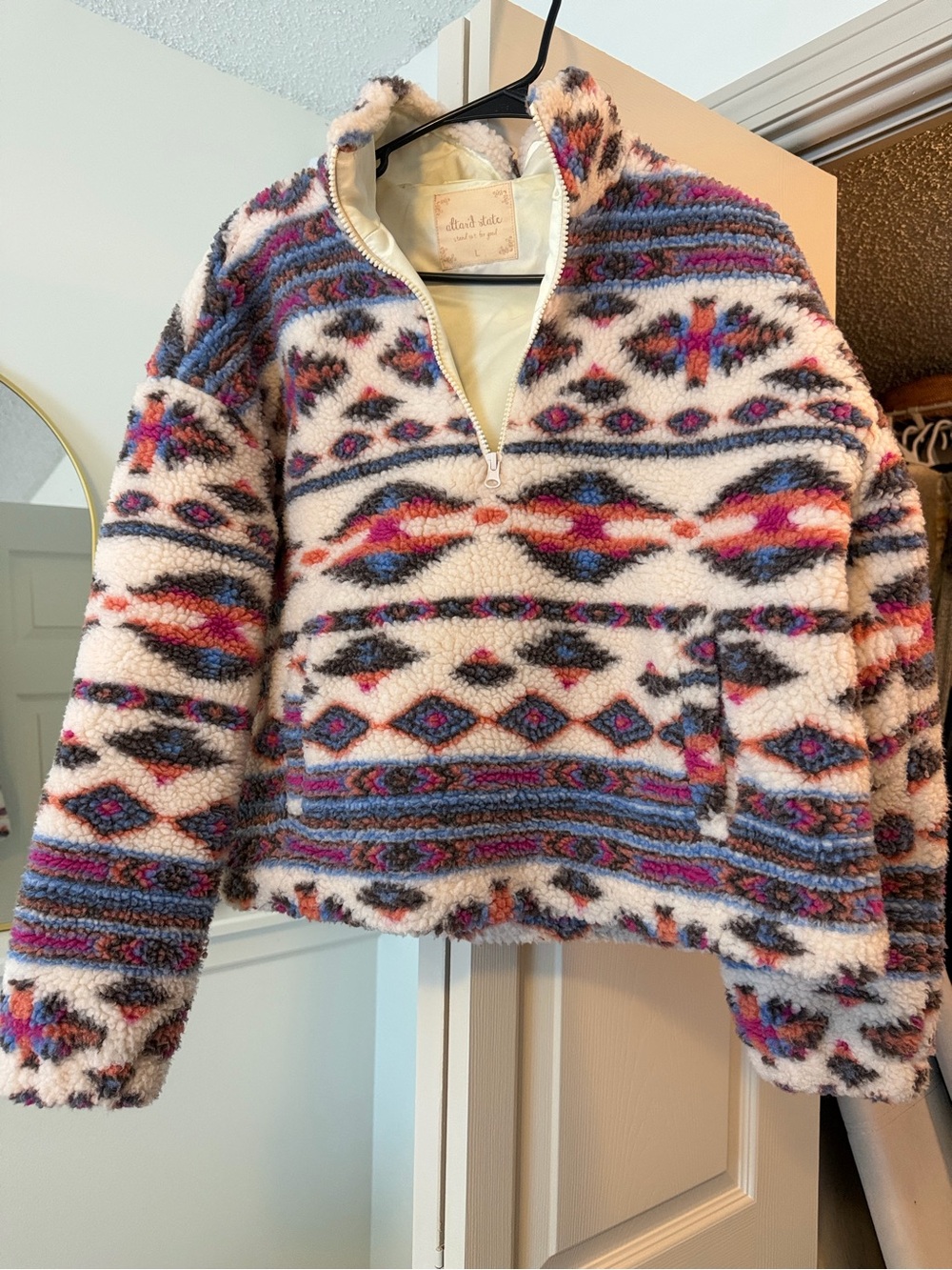 Altar'd State White Sherpa Half-Zip Pullover with Pink, Blue & Orange Pattern